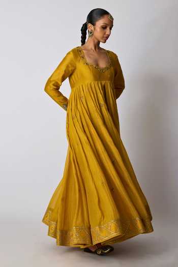 Rhua_Yellow Chanderi , Cotton, , Indu Placement Embroidered Anarkali Set _at_Aza_Fashions