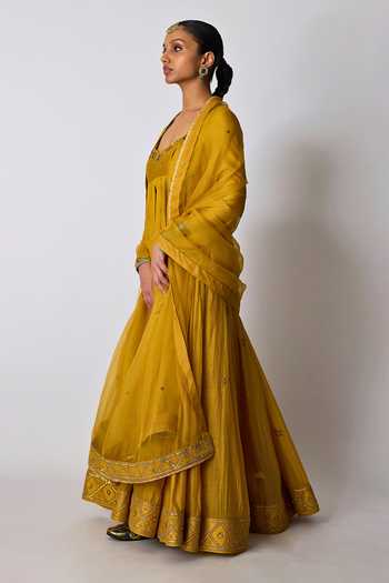 Buy_Rhua_Yellow Chanderi , Cotton, , Indu Placement Embroidered Anarkali Set 