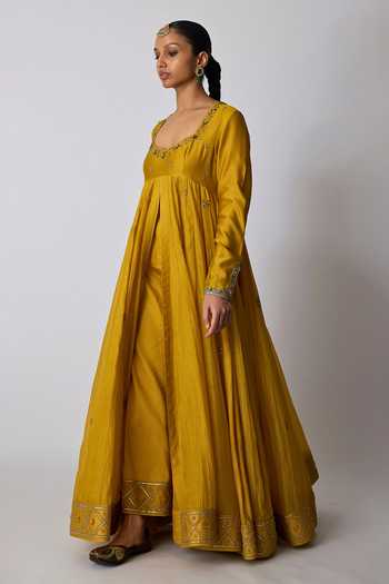 Shop_Rhua_Yellow Chanderi , Cotton, , Indu Placement Embroidered Anarkali Set 