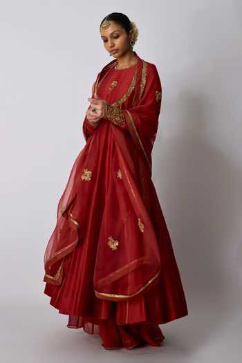Shop_Rhua_Red Chanderi Silk, Organza, Silk, Cotton Round Madhvi Embroidered Anarkali Set _Online_at_Aza_Fashions