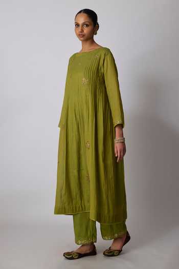 Buy_Rhua_Green Chanderi, Tissue, Silk, Cotton, Mohini Zardozi Embroidered Kurta Set 