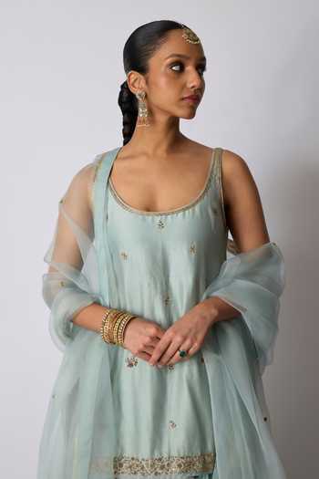 Rhua_Blue Chanderi , Organza Scoop Neck Kayani Embroidered Kurta Sharara Set _Online_at_Aza_Fashions