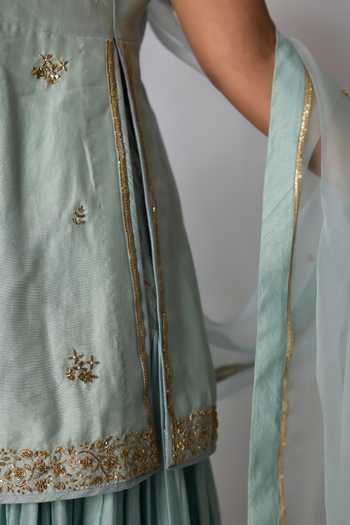 Buy_Rhua_Blue Chanderi , Organza Scoop Neck Kayani Embroidered Kurta Sharara Set _Online_at_Aza_Fashions