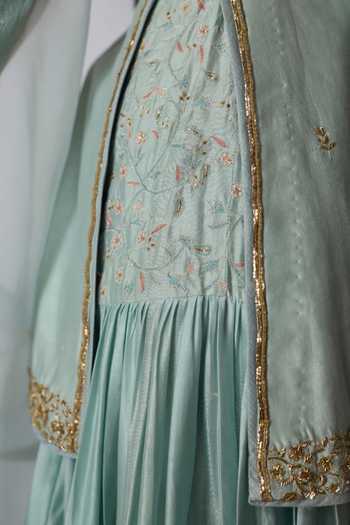 Shop_Rhua_Blue Chanderi , Organza Scoop Neck Kayani Embroidered Kurta Sharara Set _Online_at_Aza_Fashions