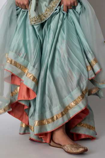 Rhua_Blue Chanderi , Organza Scoop Neck Kayani Embroidered Kurta Sharara Set _at_Aza_Fashions
