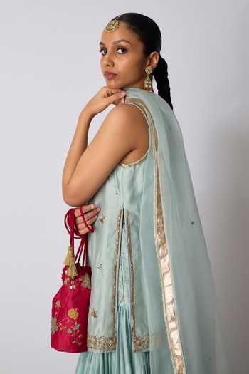 Buy_Rhua_Blue Chanderi , Organza Scoop Neck Kayani Embroidered Kurta Sharara Set 