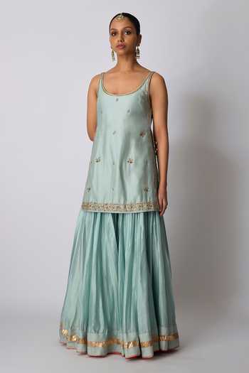 Shop_Rhua_Blue Chanderi , Organza Scoop Neck Kayani Embroidered Kurta Sharara Set 