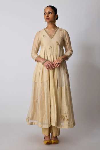 Rhua_Gold Silk, Chanderi, Tissue, Cotton, Devika Patchwork Embroidered Anarkali Set _Online_at_Aza_Fashions