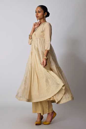Buy_Rhua_Gold Silk, Chanderi, Tissue, Cotton, Devika Patchwork Embroidered Anarkali Set _Online_at_Aza_Fashions