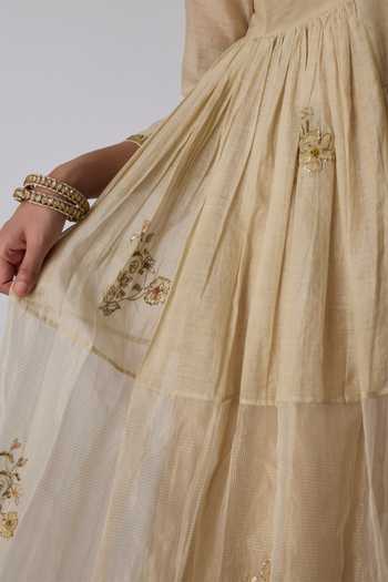 Shop_Rhua_Gold Silk, Chanderi, Tissue, Cotton, Devika Patchwork Embroidered Anarkali Set _Online_at_Aza_Fashions