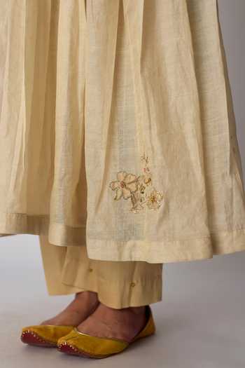 Rhua_Gold Silk, Chanderi, Tissue, Cotton, Devika Patchwork Embroidered Anarkali Set _at_Aza_Fashions