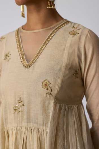 Buy_Rhua_Gold Silk, Chanderi, Tissue, Cotton, Devika Patchwork Embroidered Anarkali Set 