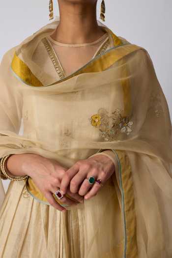Shop_Rhua_Gold Silk, Chanderi, Tissue, Cotton, Devika Patchwork Embroidered Anarkali Set 