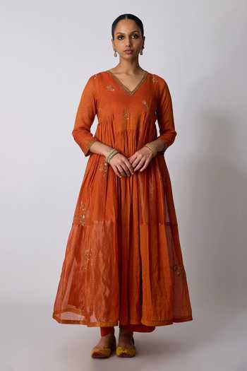 Rhua_Orange Silk, Chanderi, Tissue, Kota Antara Gathered Embroidered Anarkali Set _Online_at_Aza_Fashions