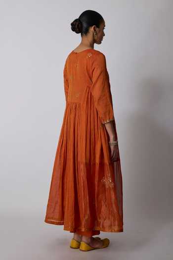Buy_Rhua_Orange Silk, Chanderi, Tissue, Kota Antara Gathered Embroidered Anarkali Set _Online_at_Aza_Fashions