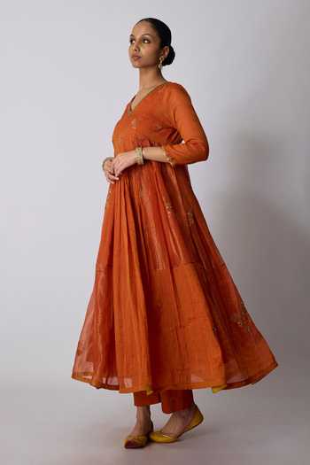 Shop_Rhua_Orange Silk, Chanderi, Tissue, Kota Antara Gathered Embroidered Anarkali Set _Online_at_Aza_Fashions