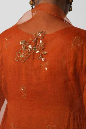 Rhua_Orange Silk, Chanderi, Tissue, Kota Antara Gathered Embroidered Anarkali Set _at_Aza_Fashions