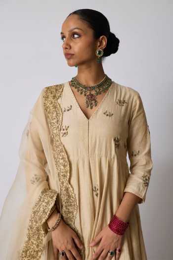 Rhua_Gold Chanderi, Tissue, Silk, Organza Chavi Embroidered Anarkali Sharara Set _Online_at_Aza_Fashions