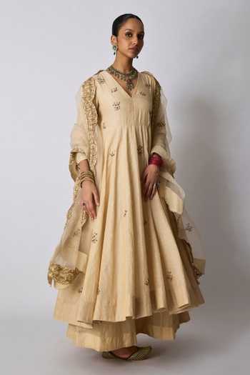Buy_Rhua_Gold Chanderi, Tissue, Silk, Organza Chavi Embroidered Anarkali Sharara Set _Online_at_Aza_Fashions