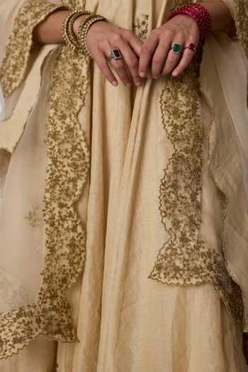 Shop_Rhua_Gold Chanderi, Tissue, Silk, Organza Chavi Embroidered Anarkali Sharara Set _Online_at_Aza_Fashions