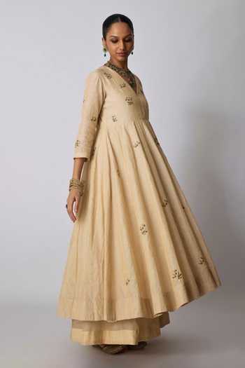 Rhua_Gold Chanderi, Tissue, Silk, Organza Chavi Embroidered Anarkali Sharara Set _at_Aza_Fashions