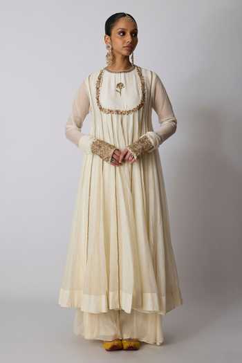 Rhua_Ivory Chanderi Silk, Organza Round Neck Gauri Pleated Embroidered Anarkali Set _Online_at_Aza_Fashions