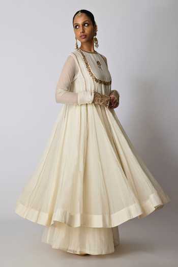Buy_Rhua_Ivory Chanderi Silk, Organza Round Neck Gauri Pleated Embroidered Anarkali Set _Online_at_Aza_Fashions
