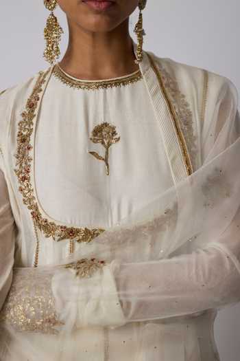 Shop_Rhua_Ivory Chanderi Silk, Organza Round Neck Gauri Pleated Embroidered Anarkali Set _Online_at_Aza_Fashions