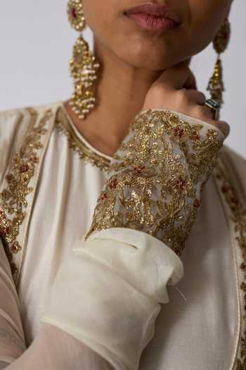 Rhua_Ivory Chanderi Silk, Organza Round Neck Gauri Pleated Embroidered Anarkali Set _at_Aza_Fashions
