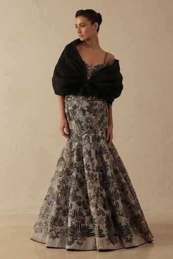 Varun Nidhika Black Embroidered Cape Lehenga Set 