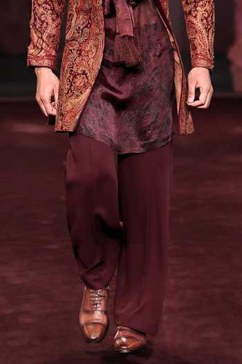 Dolly J_Wine , Organza, Crepe, Satin Lakshya Embroidered Sherwani Set _Online_at_Aza_Fashions