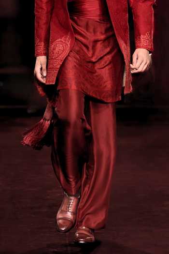 Dolly J_Red Silk, Satin Rangrez Kashidaari Motif Sherwani Set _Online_at_Aza_Fashions