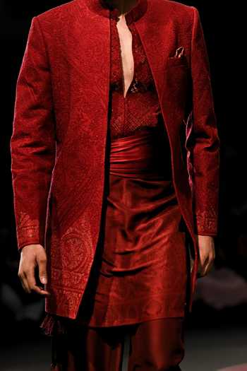 Buy_Dolly J_Red Silk, Satin Rangrez Kashidaari Motif Sherwani Set _Online_at_Aza_Fashions