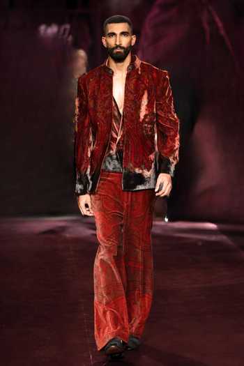 Dolly J Baroque Silk Velvet Printed Bandhgala Set 