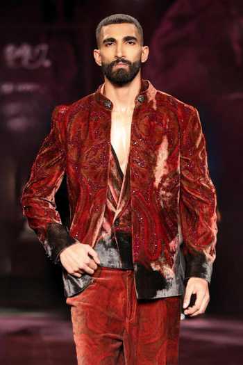 Buy_Dolly J_Black Silk, Velvet Beads, Crystals Baroque Printed Bandhgala Set _Online_at_Aza_Fashions