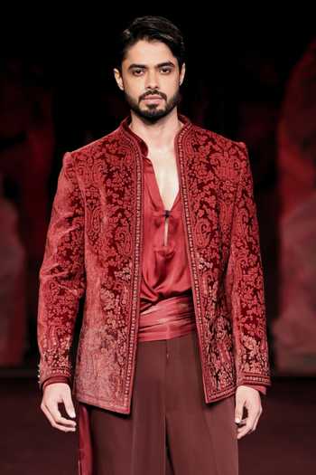 Dolly J Red Silk, Crepe, Satin, Velvet Embroidery Chandravardhan Bandhgala Set Online at Aza Fashions Dolly J_Red Silk, Crepe, Satin, Velvet Embroidery Chandravardhan Bandhgala Set _Online_at_Aza_Fashions