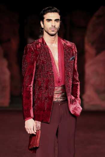 Buy_Dolly J_Wine Silk, Crepe, Satin, Velvet Lohit Printed Jacket Set _Online_at_Aza_Fashions