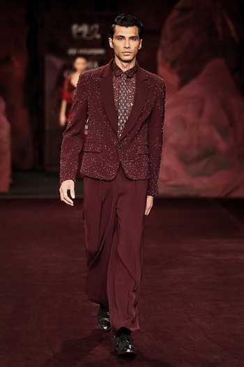 Dolly J Merlot Hand Embroidered Blazer Set 