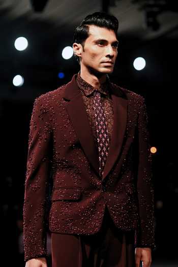 Buy_Dolly J_Wine Silk, Georgette, Crepe, Chantilly, Lace Merlot Hand Embroidered Blazer Set _Online_at_Aza_Fashions