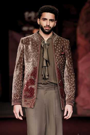Buy Dolly J Olive Green Silk, Crepe, Satin, Velvet, Lycra Loden Printed Bandhgala Set Online at Aza Fashions Buy_Dolly J_Olive Green Silk, Crepe, Satin, Velvet, Lycra Loden Printed Bandhgala Set _Online_at_Aza_Fashions