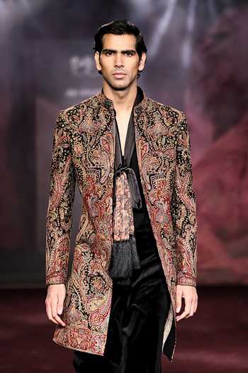 Buy_Dolly J_Multi Color Silk, Velvet Ebon Embroidered Sherwani Set _Online_at_Aza_Fashions