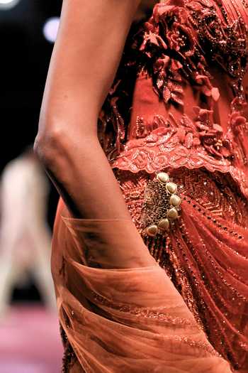 Dolly J_Orange Tulle Beads, Crystals, Tassels, Fabric Flowers Arunima Embellished Gown _Online_at_Aza_Fashions