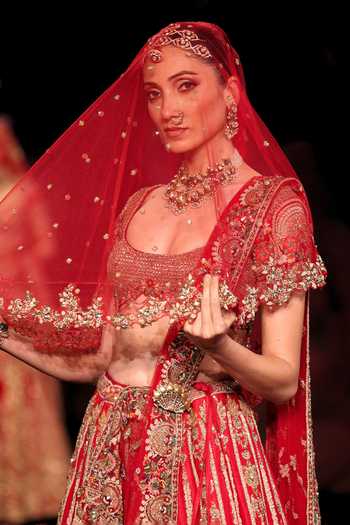 Dolly J Red Silk, Tulle Scoop Neck Raktashri Embroidered Bridal Lehenga Set Online at Aza Fashions Dolly J_Red Silk, Tulle Scoop Neck Raktashri Embroidered Bridal Lehenga Set _Online_at_Aza_Fashions