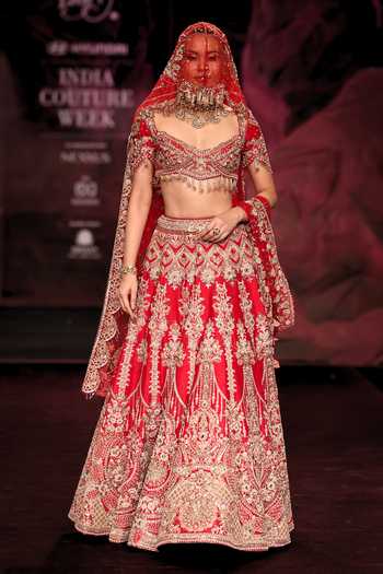 Shop_Dolly J_Red Silk, Tulle Sweetheart Neck Swarnaangi Handloom Raw Bridal Lehenga Set _Online_at_Aza_Fashions