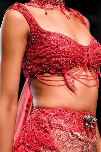 Shop_Dolly J_Pink Tulle Sweetheart Neck Lavangi Embroidered Lehenga Set _Online_at_Aza_Fashions
