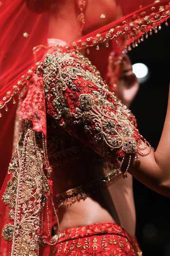 Shop_Dolly J_Red Silk, Tulle Sweetheart Neck Kashika Embroidered Bridal Lehenga Set _Online_at_Aza_Fashions
