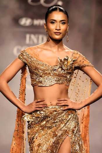 Buy Dolly J Gold Tulle One Shoulder Kanak Embroidered Lehenga Saree Set Online at Aza Fashions Buy_Dolly J_Gold Tulle One Shoulder Kanak Embroidered Lehenga Saree Set _Online_at_Aza_Fashions