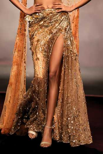 Shop Dolly J Gold Tulle One Shoulder Kanak Embroidered Lehenga Saree Set Online at Aza Fashions Shop_Dolly J_Gold Tulle One Shoulder Kanak Embroidered Lehenga Saree Set _Online_at_Aza_Fashions