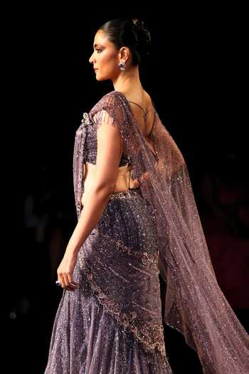 Dolly J_Purple Tulle, Chantilly, Lace Sweetheart Sharvani Embroidered Lehenga Saree Set _Online_at_Aza_Fashions