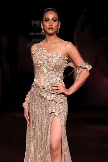 Dolly J Gold Tulle Beads, Crystals, Fabric Flowers Asymmetric Vanika Embellished Gown Online at Aza Fashions Dolly J_Gold Tulle Beads, Crystals, Fabric Flowers Asymmetric Vanika Embellished Gown _Online_at_Aza_Fashions
